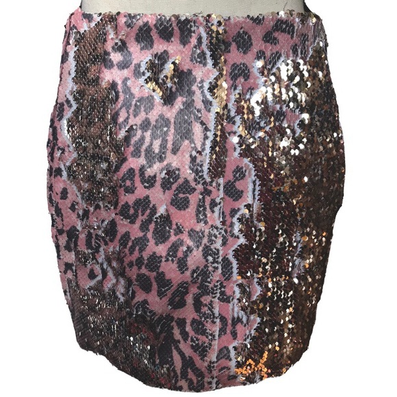 Free People One Sequined Cheetah print Mini Pencil Skirt Two Tone Pink Gold 00 - Picture 3 of 13